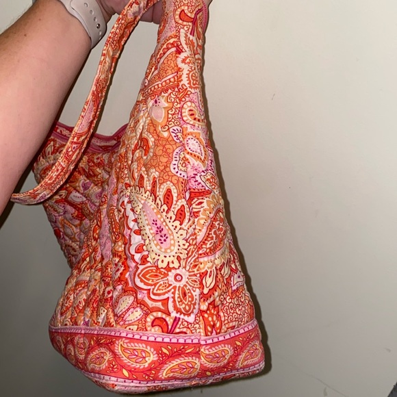 Vera Bradley Pink Tangerine Orange Quilted Zip Top Shoulder VB Bag Flat Bottom - Picture 14 of 16